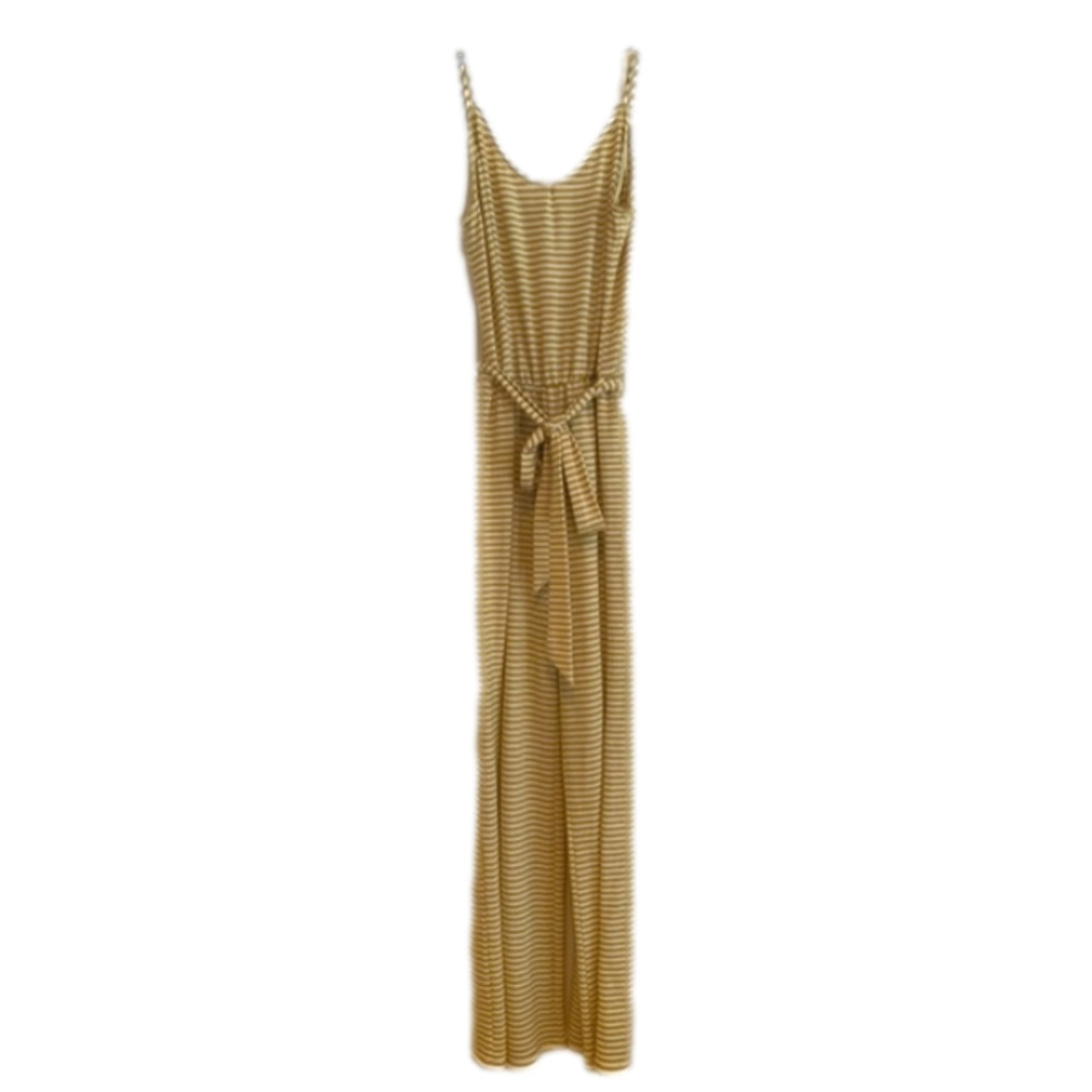 Primi Spaghetti Strap Elastic Waist Lounge Yellow Striped Long Romper Jumpsuit